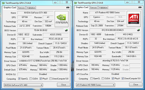 „Asus GTX460 1 GB DirectCU“ prieš „MSI Radeon 5850 OC“