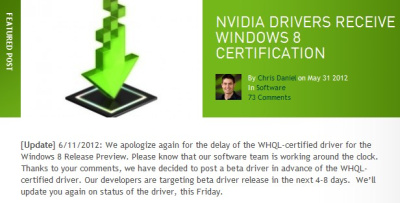 „Windows 8“ skirtos NVIDIA tvarkyklių pasirodymas vėl atidėtas
